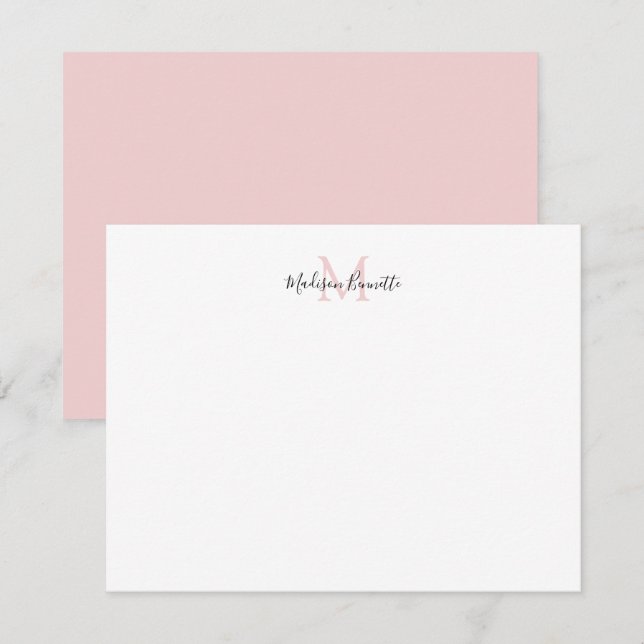 Carte De Correspondance Élégant Script Simple Blush Pink Or Monogramme (Devant / Derrière)