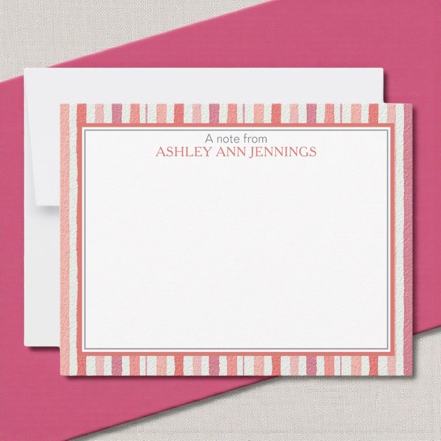 Carte De Correspondance Elegant Striped Pink Personalized Stationery (Elegant striped pink watercolor personalized notecard with custom name)