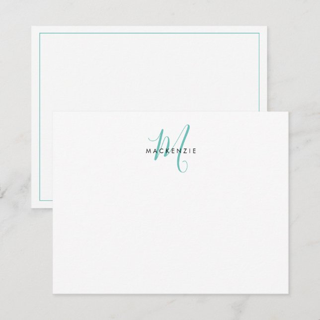 Carte De Correspondance Élégant Turquoise de script blanc moderne Monogram (Devant / Derrière)
