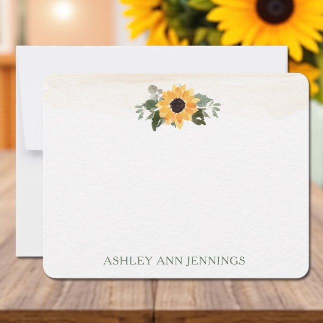 Carte De Correspondance Elegant Yellow Sunflower Personalized Stationery (Elegant sunflower watercolor personalized stationery notecard with custom name)
