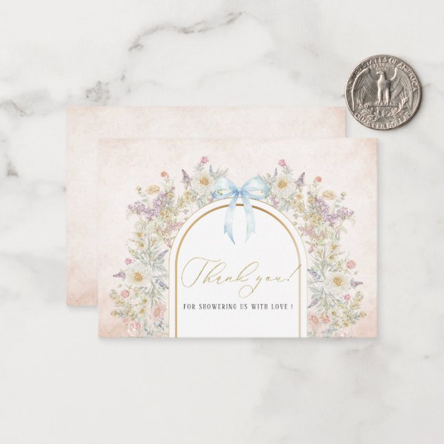 Carte De Correspondance Elégante aquarelle Fleurs bleues Ruban de la mâcho (Devant/Arrière en situation)