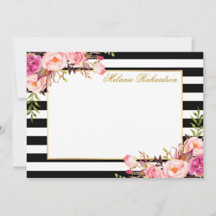 Carte De Correspondance Elégante aquarelle rose floral rayé