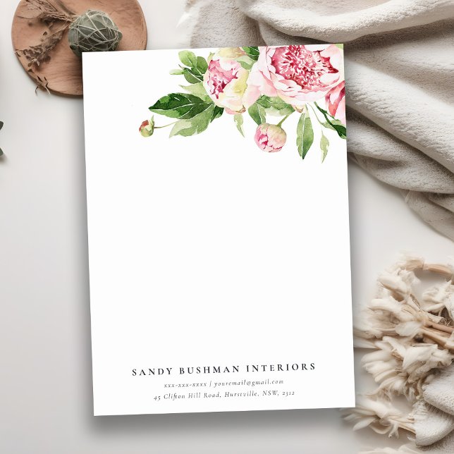 Carte De Correspondance Elégante Aquarelle rose vert pivoine (Créateur téléchargé)