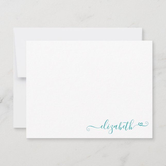 Carte De Correspondance Élégante Feminine Turquoise Coeur Vert Script (Devant)