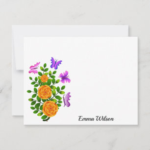 Carte De Correspondance Elégante Fleur Rose Jaune Orange Avec Papillon
