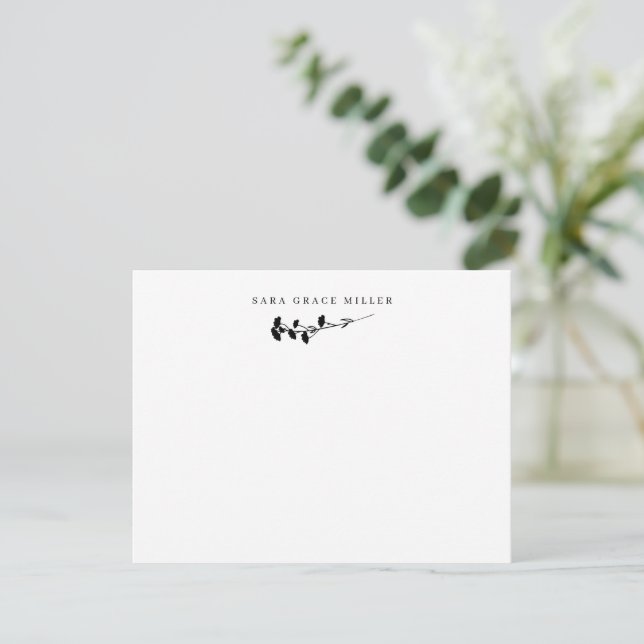 Carte De Correspondance Élégante fleur simple tige noir et blanc plat (Debout devant)