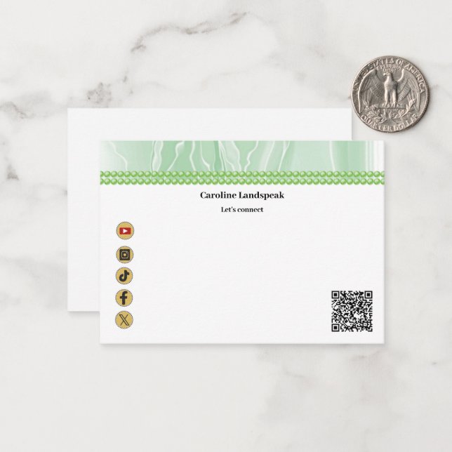 Carte De Correspondance Elégante soie verte, médias sociaux et code QR (Devant/Arrière en situation)