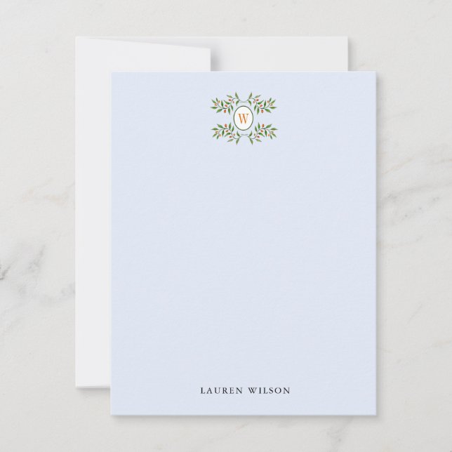Carte De Correspondance Elégante verdure avec Monogramme bleu pâle Plat (Devant)