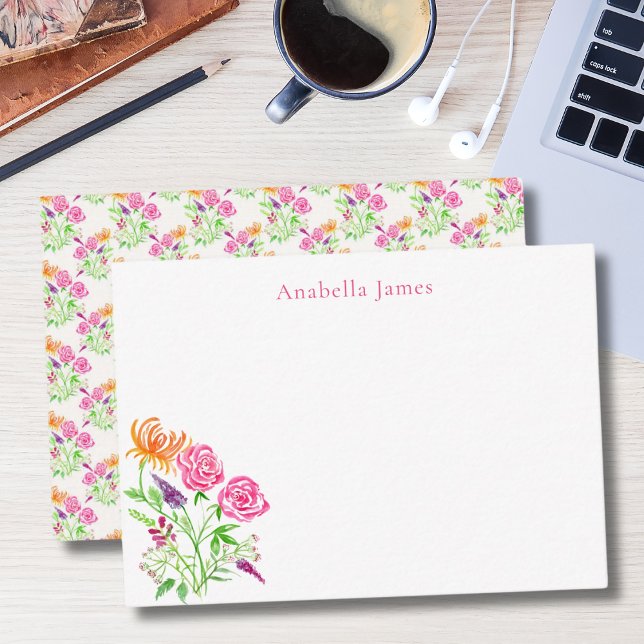 Carte De Correspondance Elégants Roses, Snapdragons Et Fleurs D'Aquarelle (Hand painted with a coordinating pattern on the backing. )