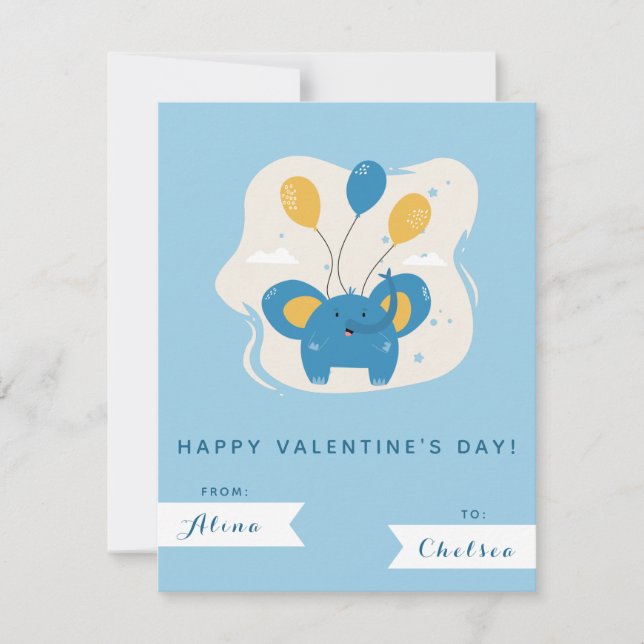 Carte De Correspondance Eléphant Bleu Cute & Ballons Jour des Valentines p (Devant)