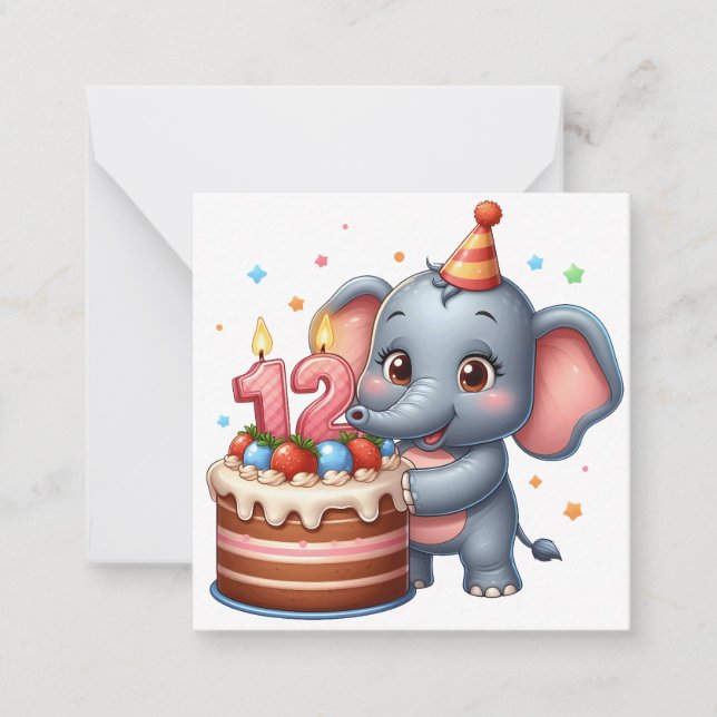 Carte De Correspondance Éléphant Mignon 12e Anniversaire (Devant)