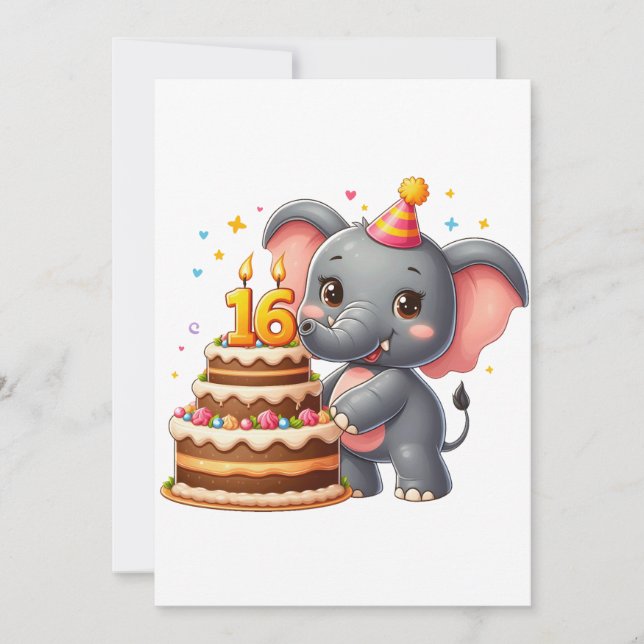 Carte De Correspondance Éléphant mignon 16e anniversaire (Devant)