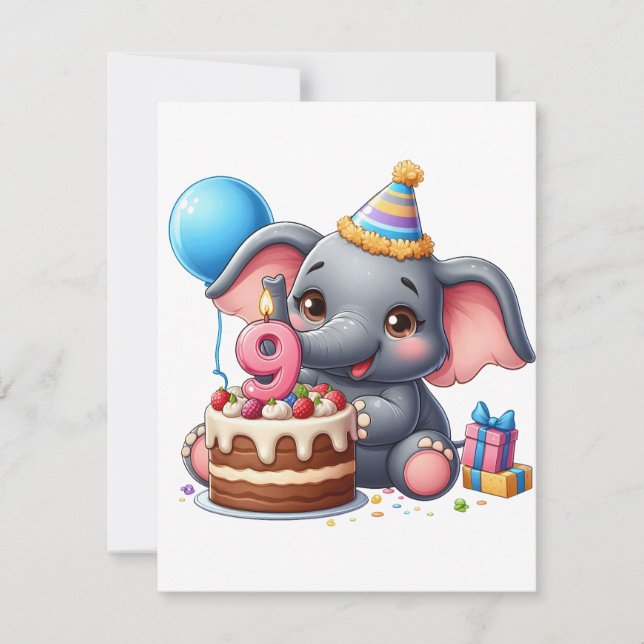 Carte De Correspondance Éléphant Mignon 9e Anniversaire (Devant)