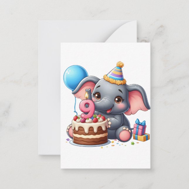 Carte De Correspondance Éléphant Mignon 9ème Anniversaire (Devant)