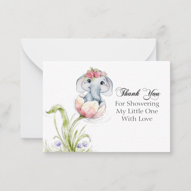 Carte De Correspondance Eléphant mignon sur pétales de fleurs Merci (Devant)