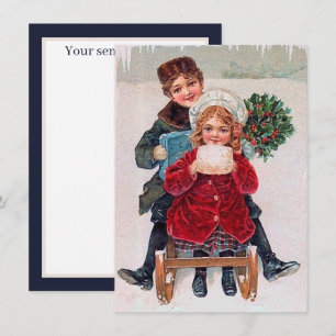 Carte De Correspondance Enfants faisant de la luge vintage festive ajouten