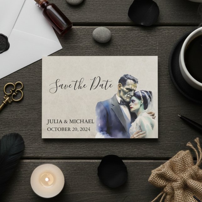 Carte De Correspondance Enregistrer la date Halloween Frankenstein Mariée (Créateur téléchargé)