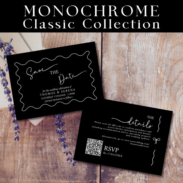 Carte De Correspondance Enregistrer la date QR Code noir blanc monochrome (Créateur téléchargé)