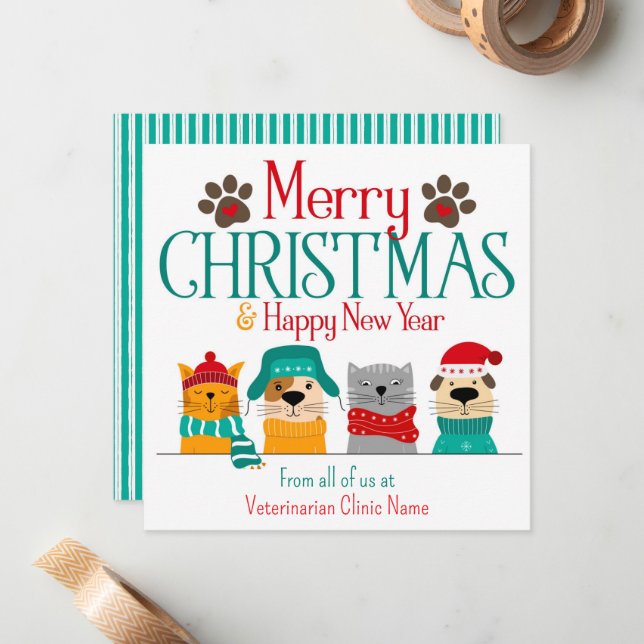 Carte De Correspondance Entreprise d'animaux de Noël Chien Chat (Devant/Arrière en situation)