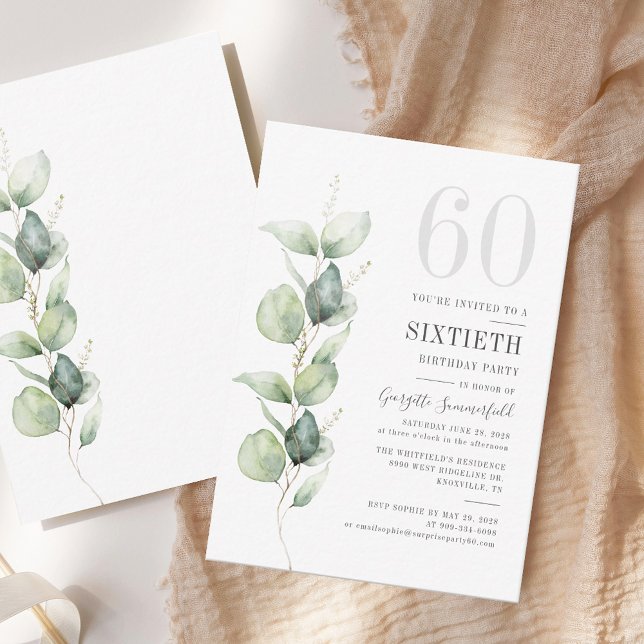Carte De Correspondance Eucalyptus 60th Birthday Greenery Invite (60th Birthday Eucalyptus Watercolor Invitation)