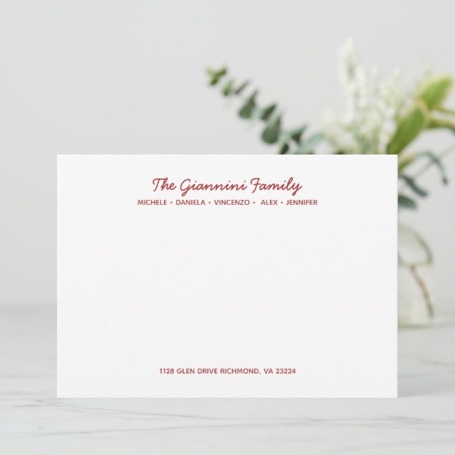Carte De Correspondance FAMILY NOTECARDS Cursive Name Address RED (Debout devant)