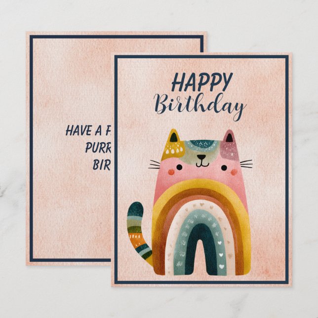 Carte De Correspondance Fat Abstract Cat Happy Birthday Flat Note Card (Devant / Derrière)