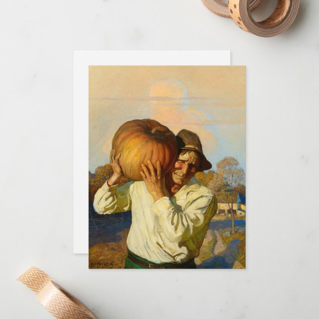 Carte De Correspondance Fermier avec citrouille par Newell Convers Wyeth (Devant/Arrière en situation)