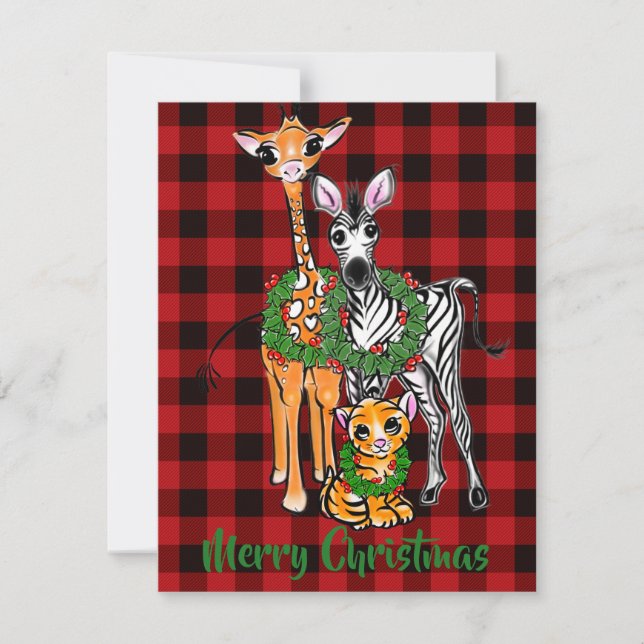 Carte De Correspondance Festive vacances safari amis, rouge noir plaid (Devant)