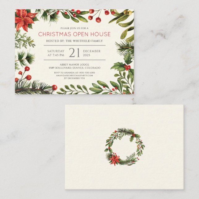 Carte De Correspondance Fêtes de Noël Aquarelle Berries Open House (Devant / Derrière)