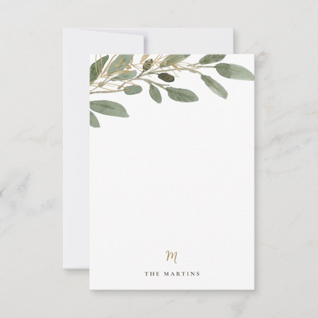 Carte De Correspondance Feuilles Faux Gold et Olive | Monogramme Mariage (Devant)