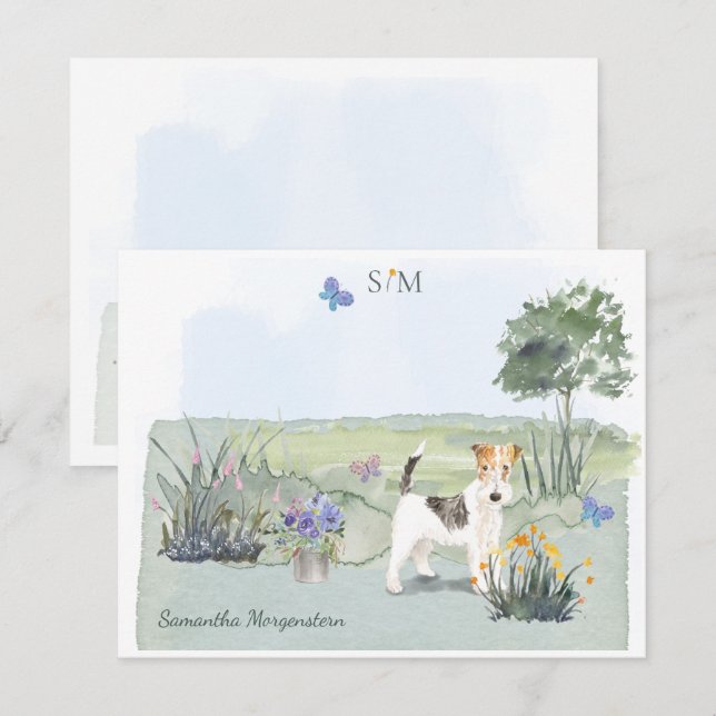 Carte De Correspondance Fil Haired Fox Terrier Papillon Meadow Monogramme (Devant / Derrière)