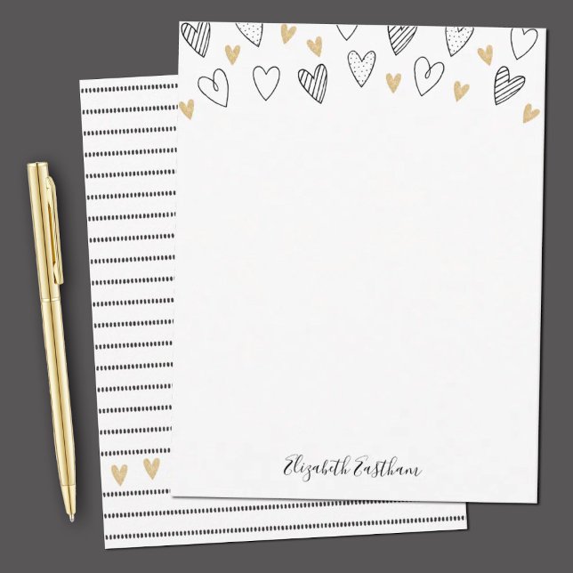 Carte De Correspondance Fille Noir Coeur Or Feminine Script (Elegant black and gold note card stationery with hearts and stripes. Personalize it with your name.)