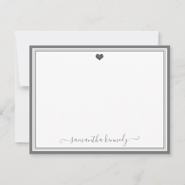 Carte De Correspondance Fille tendance chic Silver Grey Heart Nom personna (Devant)