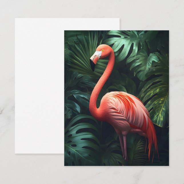 Carte De Correspondance Flamant rose et Feuilles de la Jungle (Devant / Derrière)