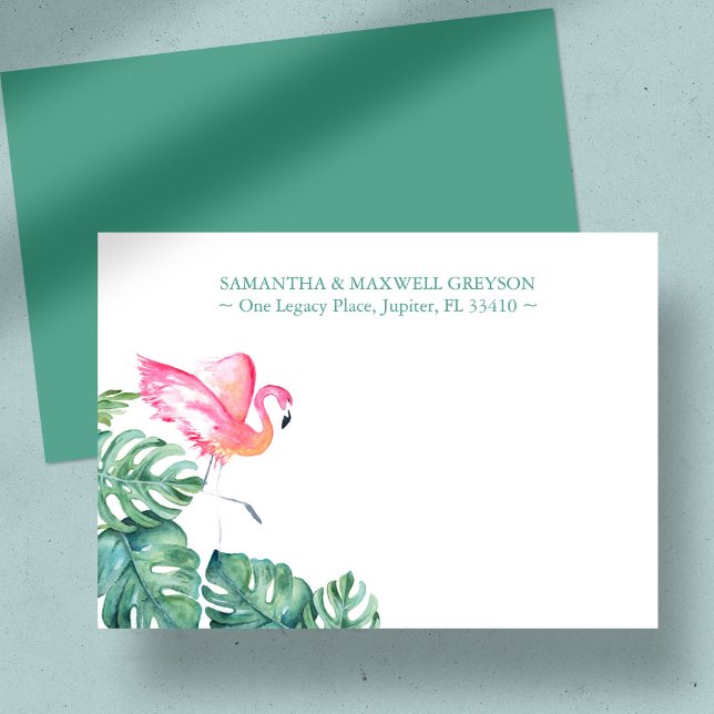 Carte De Correspondance Flamant rose rose tropical Papeterie personnalisée (Custom note cards tropical watercolor pink flamingo and palm leaves art by Victoria Grigaliunas)