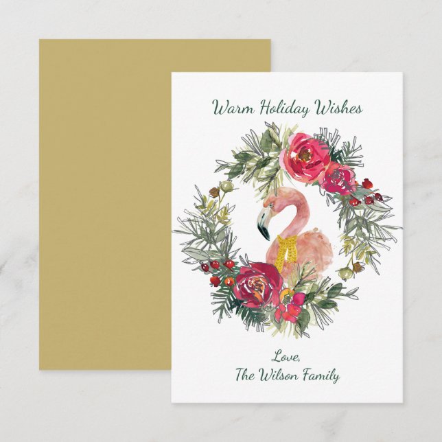 Carte De Correspondance Flamant rose Wreath Chaleureux Vacances Voeux Cart (Devant / Derrière)