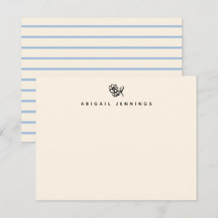 Carte De Correspondance Fleur minimaliste à rayure bleue sur fond crème