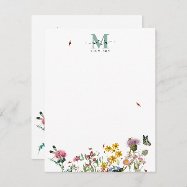 Carte De Correspondance Fleur sauvage d'aquarelle Insectes Floral Spring G (Devant / Derrière)