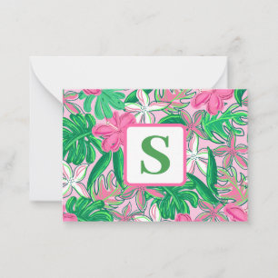 Carte De Correspondance Fleur tropicale Monogramme rose blanc vert Preppy
