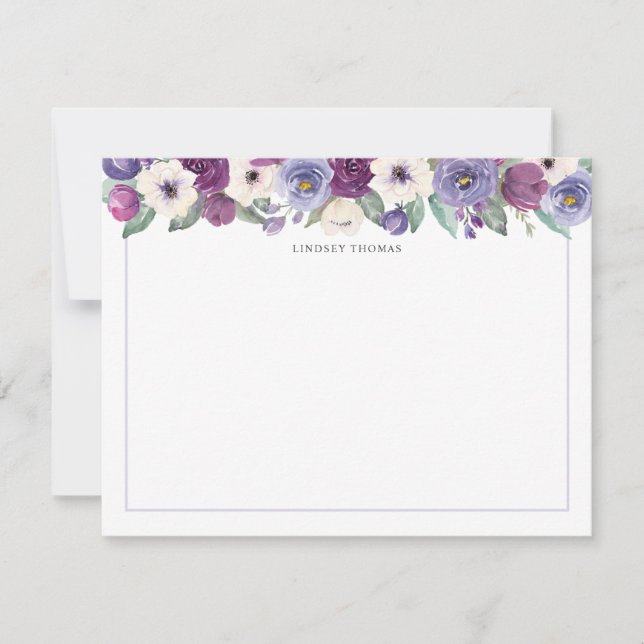 Carte De Correspondance Fleurs aquarelles blanches et violettes personnali (Devant)
