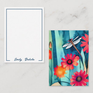 Carte De Correspondance Fleurs aquarelles et libellule personnalisables