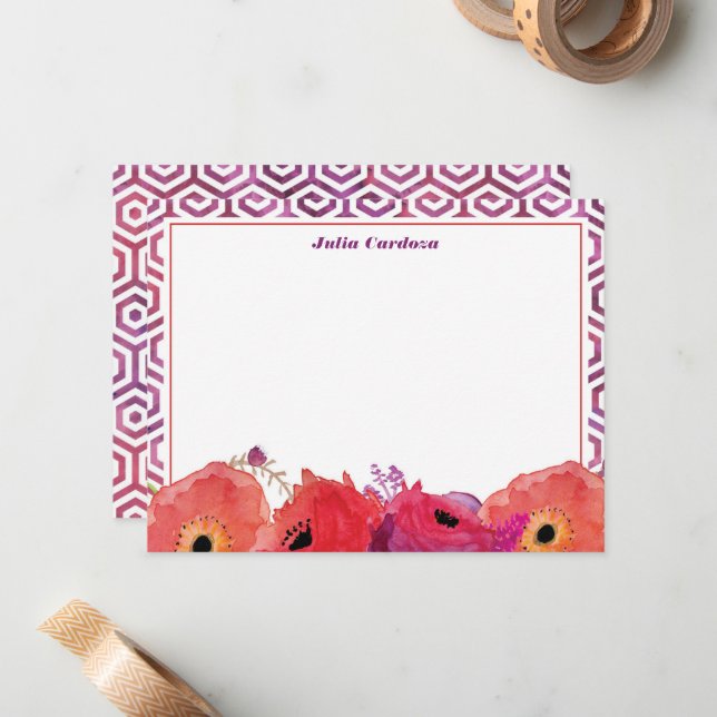 Carte De Correspondance Fleurs d'aquarelle rouge vif (Devant/Arrière en situation)