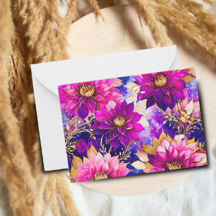 Carte De Correspondance Fleurs de Dahlia roses et violettes à l'encre alco