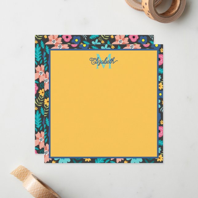 Carte De Correspondance Fleurs de printemps sur Monogramme noir (Devant/Arrière en situation)