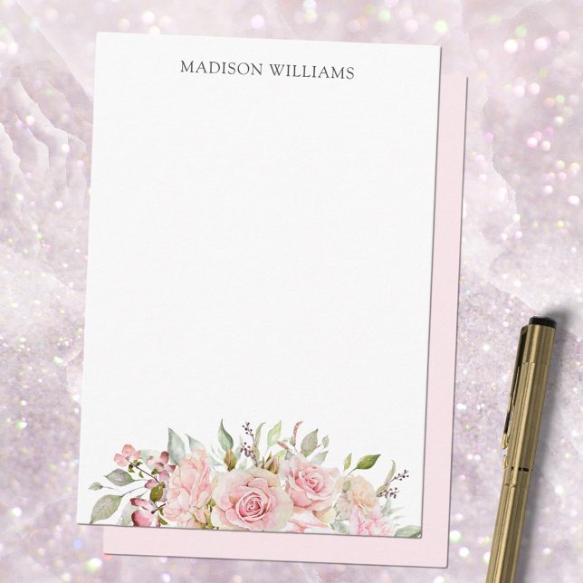 Carte De Correspondance Fleurs de rose pastel rose aquarelle monogrammée (In situ)