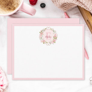 Carte De Correspondance Fleurs de rose rose poudré en aquarelle à monogram
