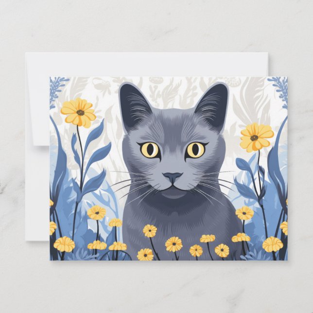 Carte De Correspondance Fleurs Jaunes Chat Bleu Russe (Devant)