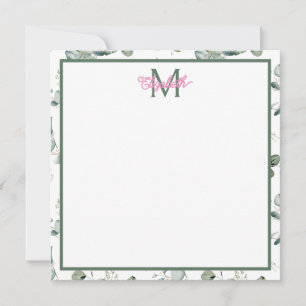 Carte De Correspondance Fleurs roses et Feuilles verts sur Monogramme blan