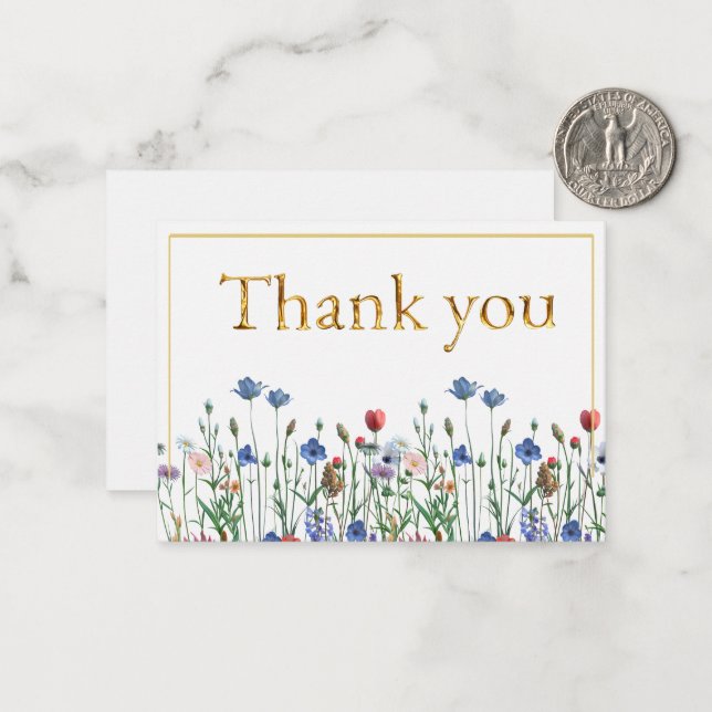 Carte De Correspondance Fleurs sauvages avec Elegant Gold Script Merci (Devant/Arrière en situation)