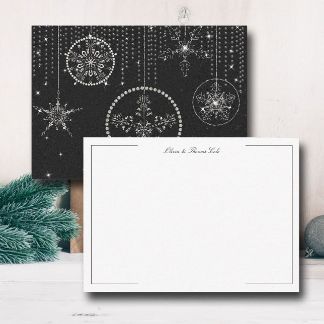 Carte De Correspondance Flocons de Neige Pailletés Noir Blanc Élégants Cla (christmas thank you card couple wedding holidays winter snowflakes rhinestones glitter black white )